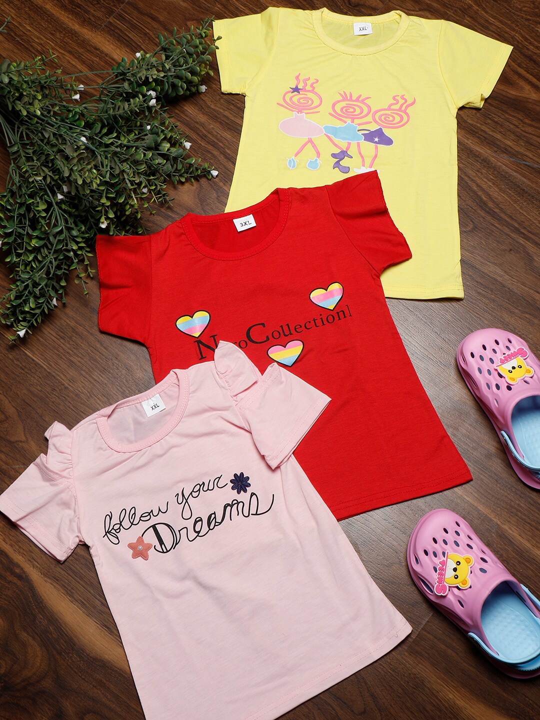 

PASSION PETALS Girls Pack of 3 Printed Round Neck Tops, Red