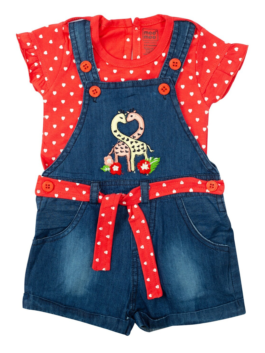 

MeeMee Girls Red & Blue Dungarees With Printed Top