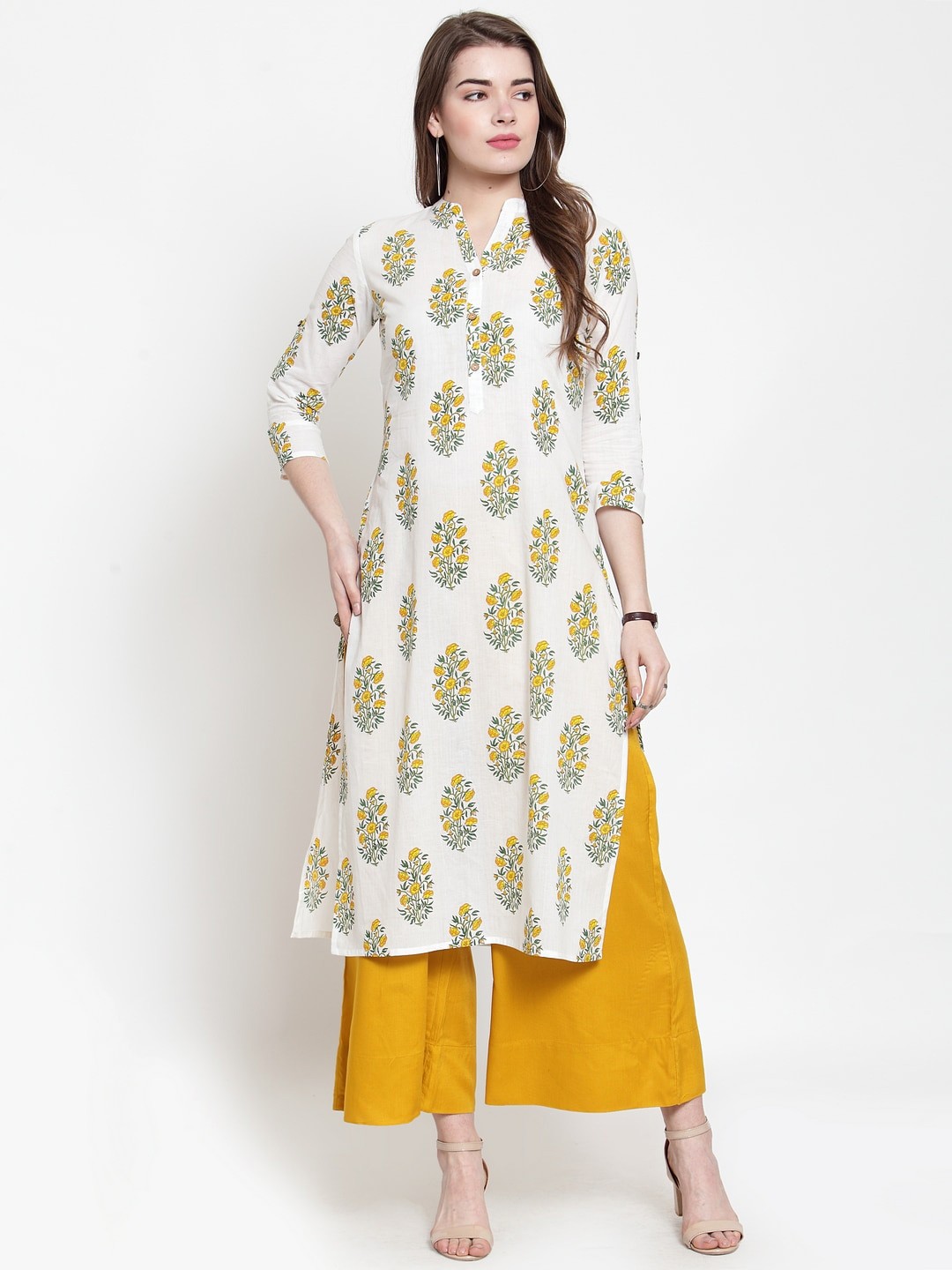 

Varanga Women White & Yellow Pure Cotton Kurta With Trouser