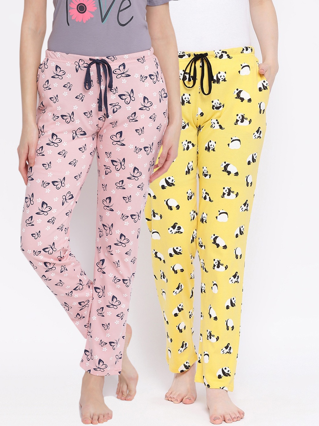 

Kanvin Women Pack of 2 Printed Pure Cotton Lounge Pants, Pink
