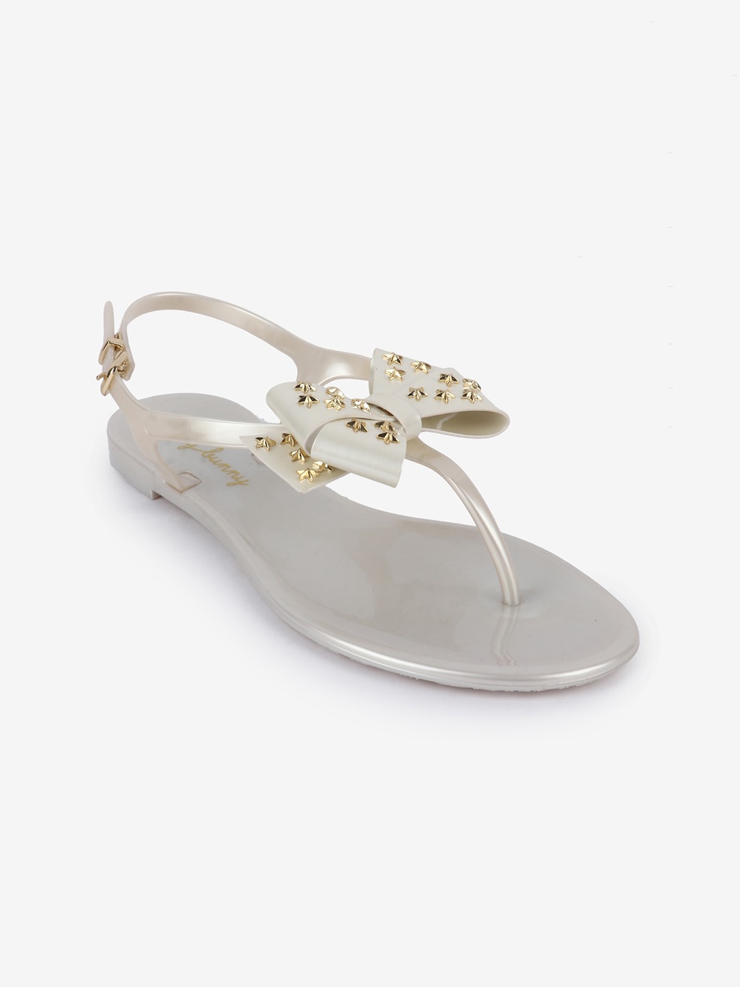 

Jelly Bunny Women White Embellished Bows Flats T-Strap Flats