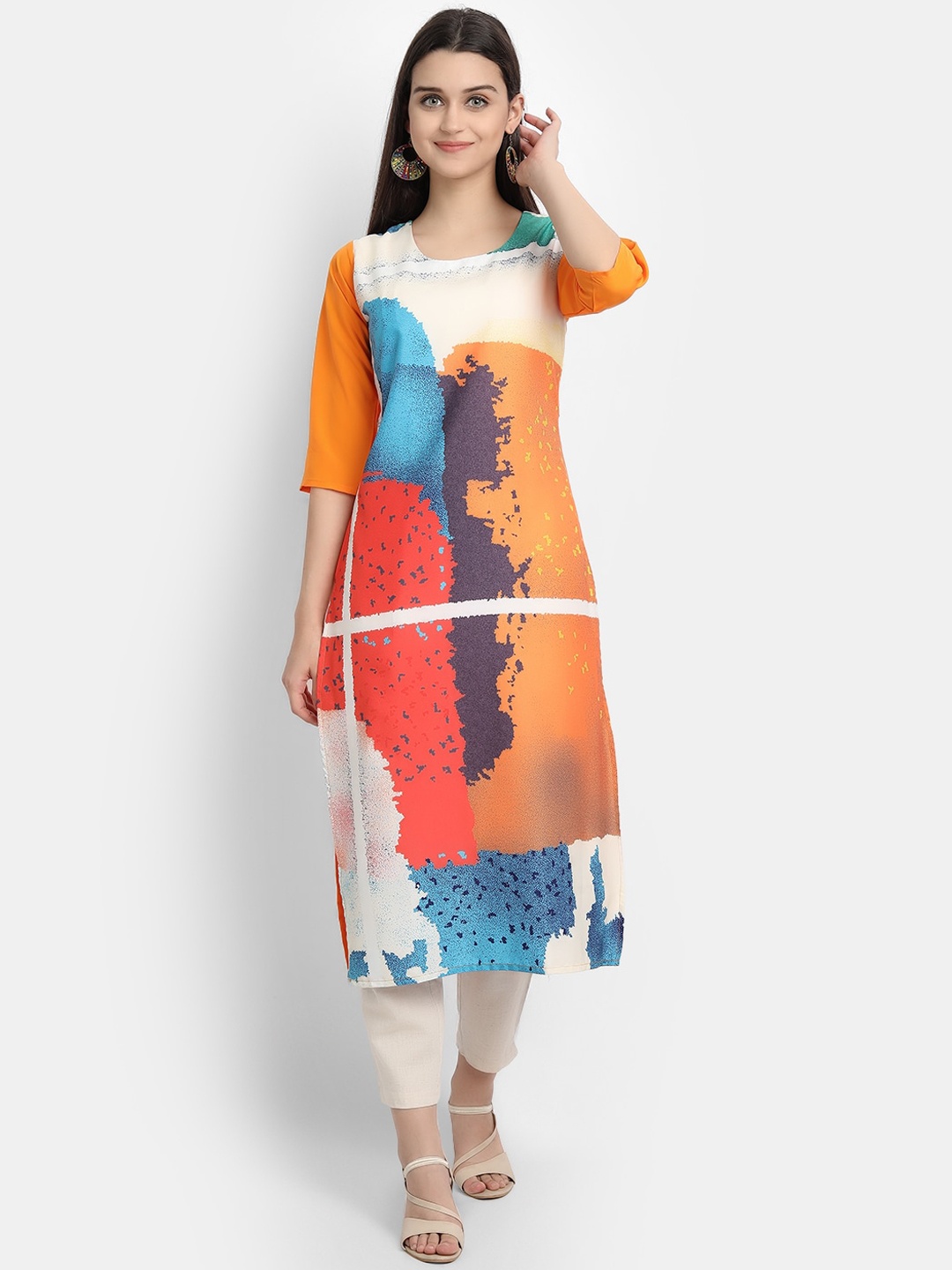Ethnic basket Women White & Orange Printed Crepe Kurta
