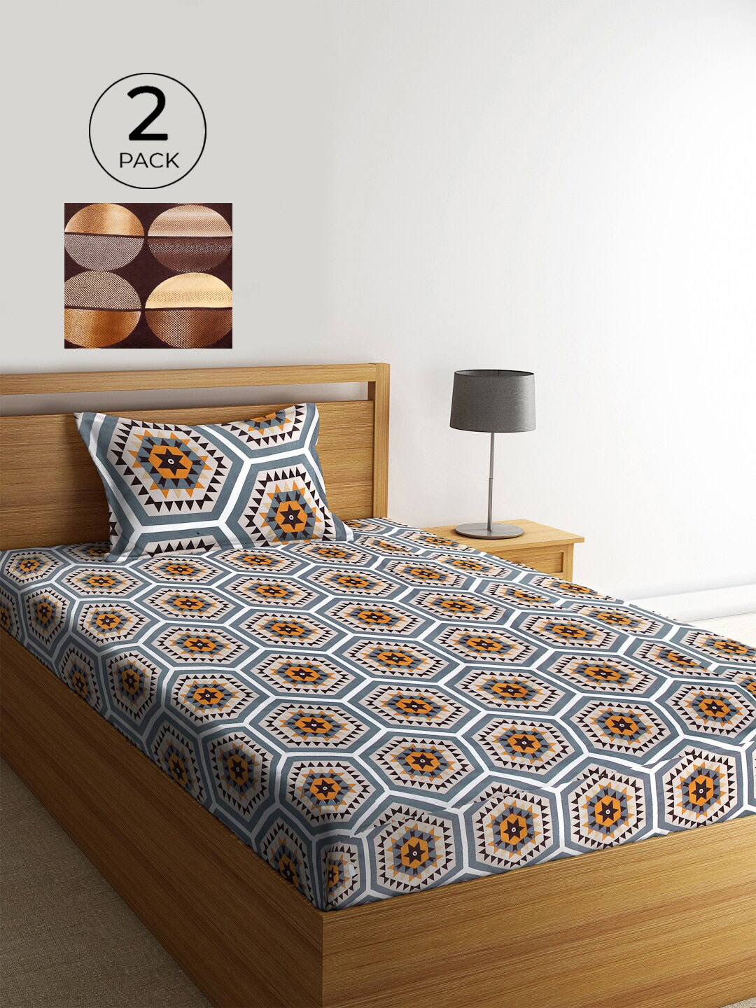 

KLOTTHE Brown & Gold-Toned Geometric 210 TC Polycotton 2 Single Bedsheet with 2 Pillow Covers