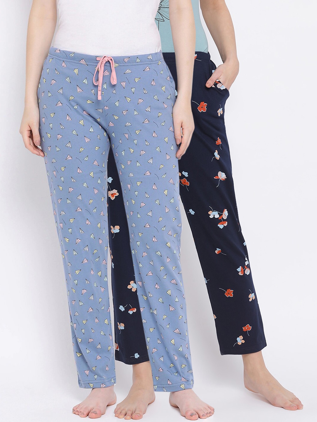 

Kanvin Women Pack of 2 Printed Pure Cotton Lounge Pants, Navy blue