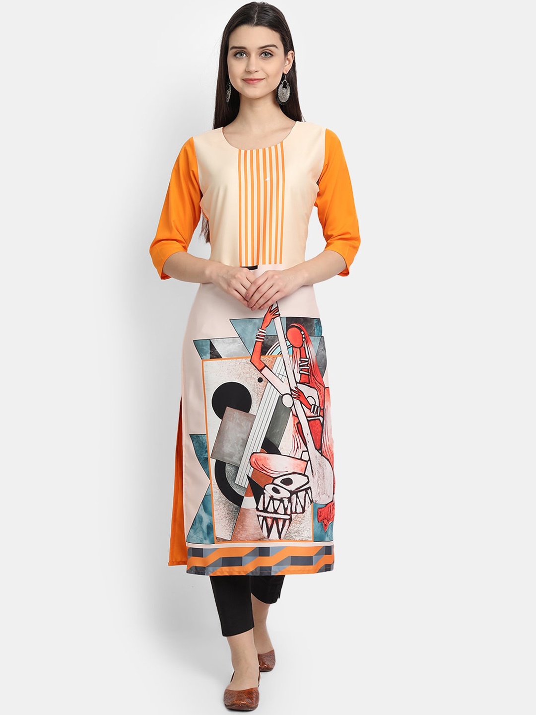 

Ethnic basket Women Orange Printed Straight Kurta