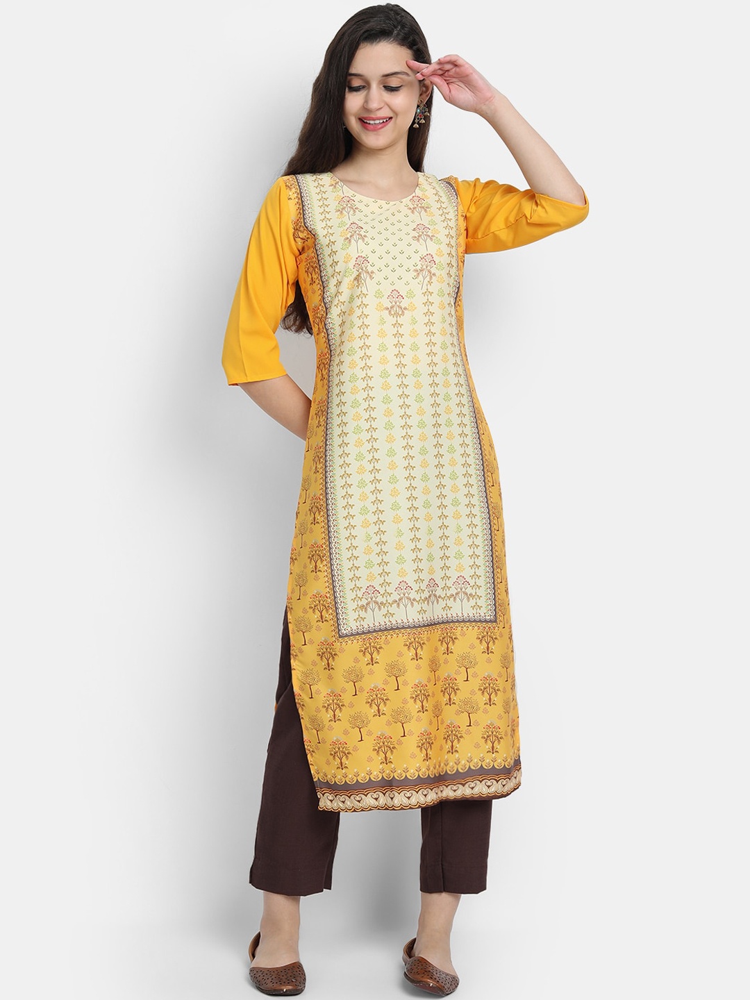 

Ethnic basket Women Yellow & Cream-Coloured Ethnic Motifs Printed Crepe Kurta