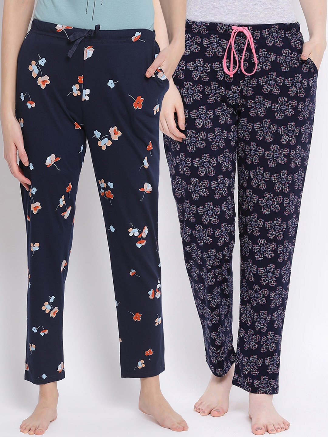 

Kanvin Women Pack of 2 Navy Floral Print Pure Cotton Lounge Pants, Navy blue