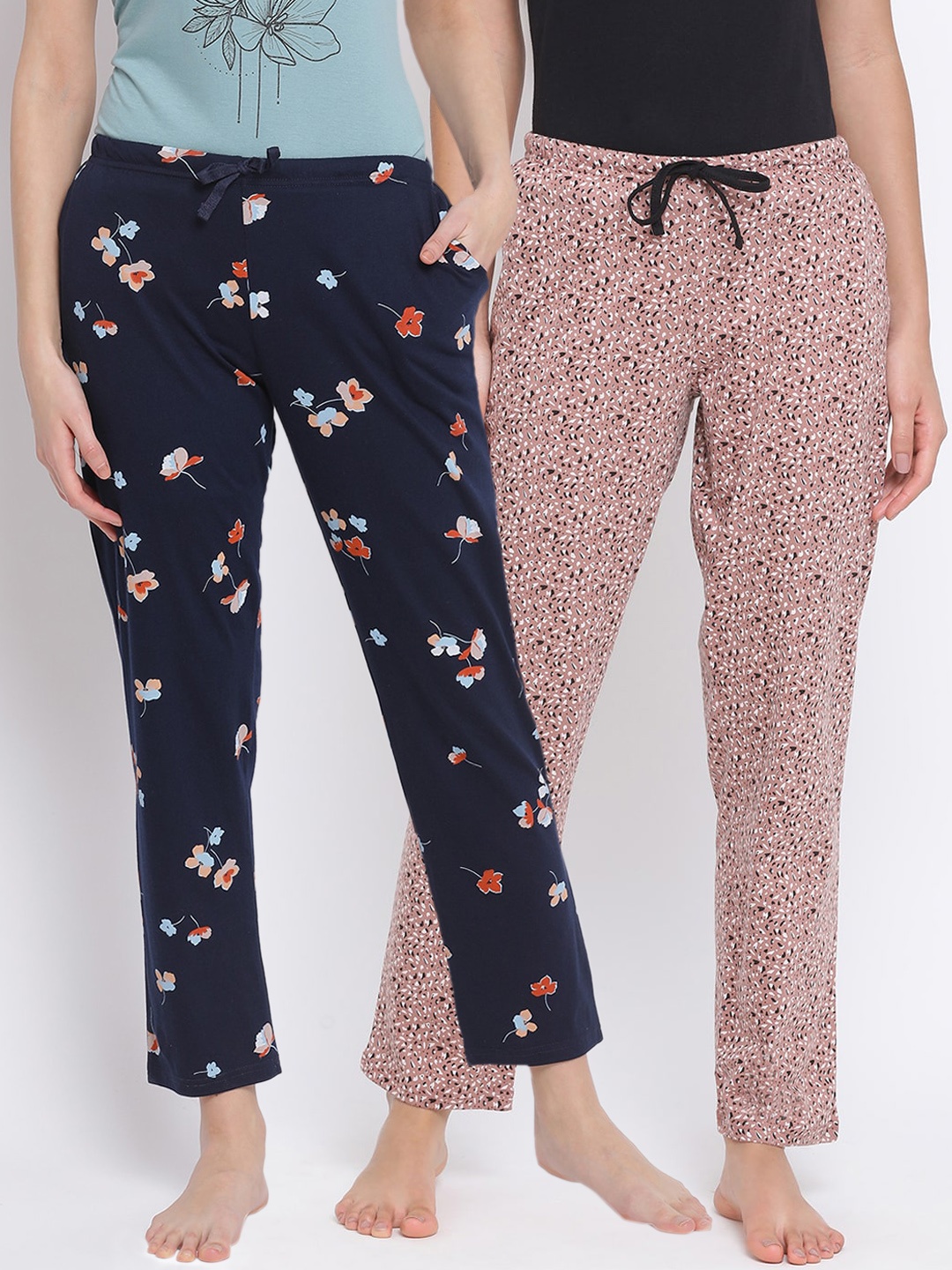 

Kanvin Women Pack of 2 Printed Pure Cotton Lounge Pants, Navy blue