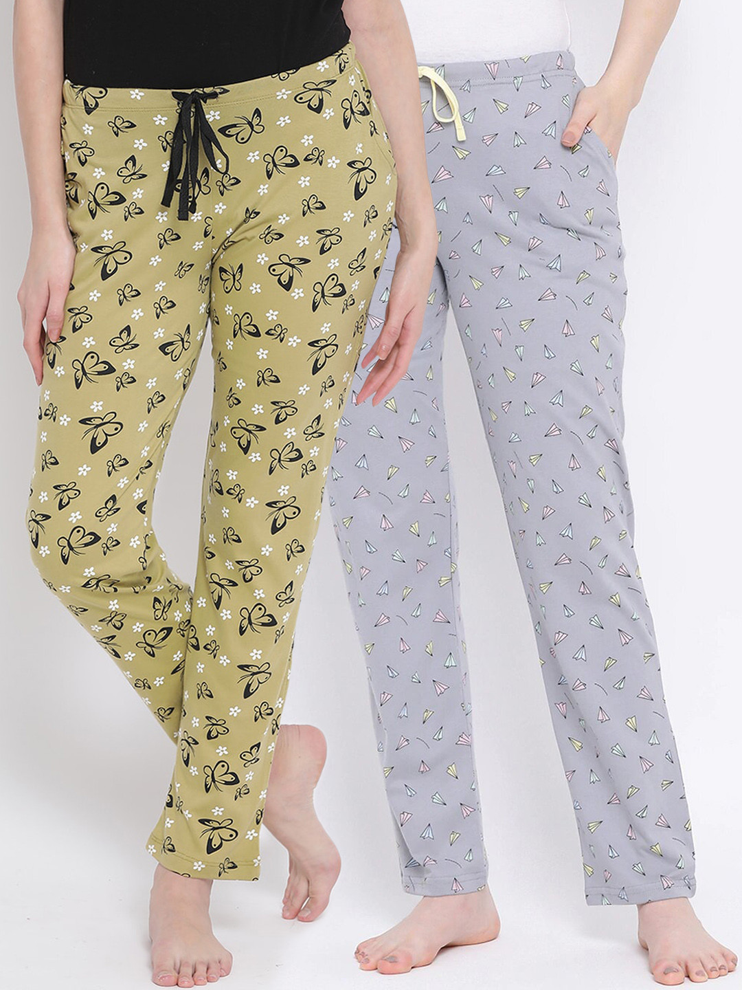 

Kanvin Women Pack of 2 Printed Pure Cotton Lounge Pants, Mustard