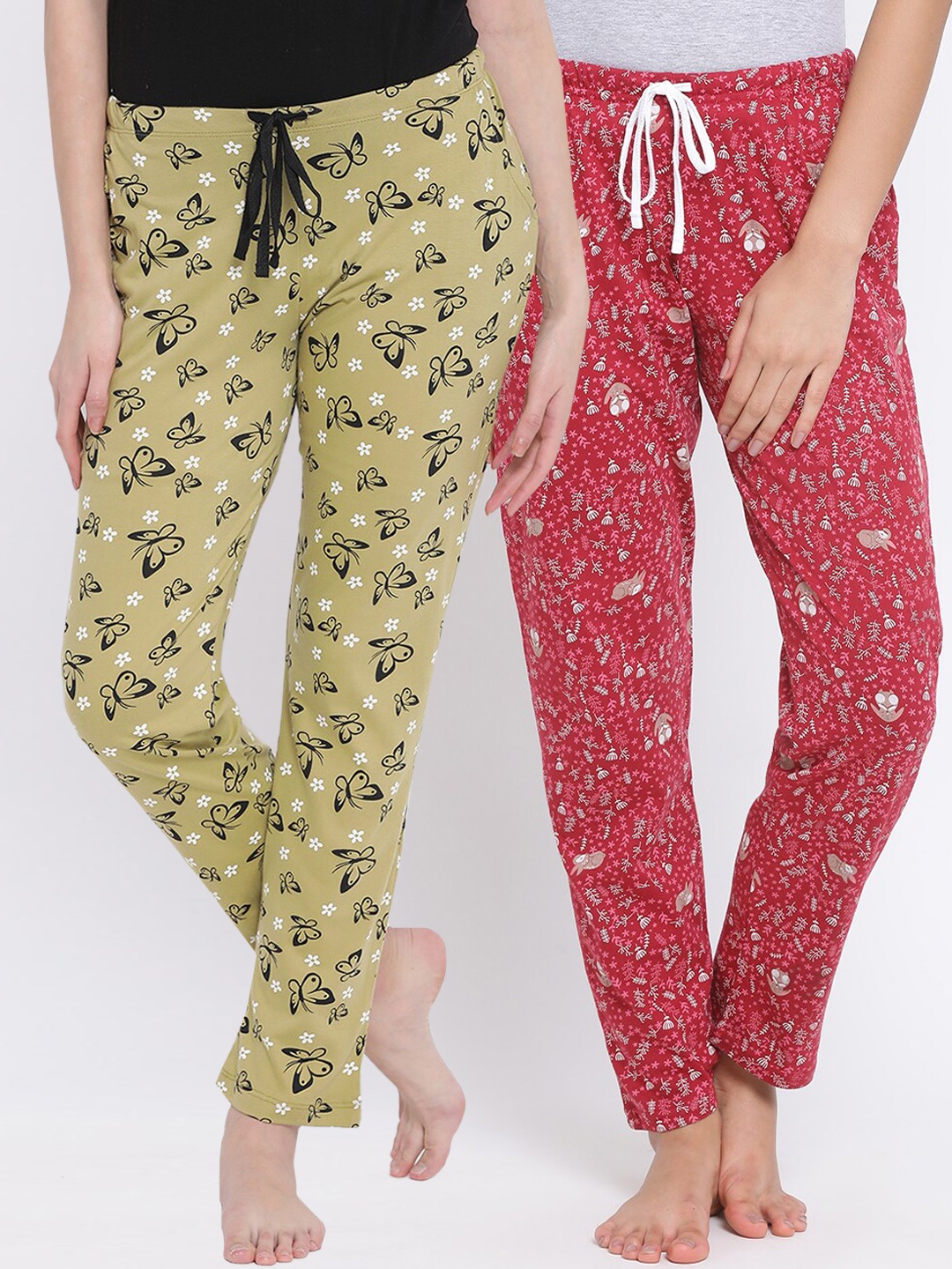 

Kanvin Women Pack of 2 Printed Pure Cotton Lounge Pants, Red
