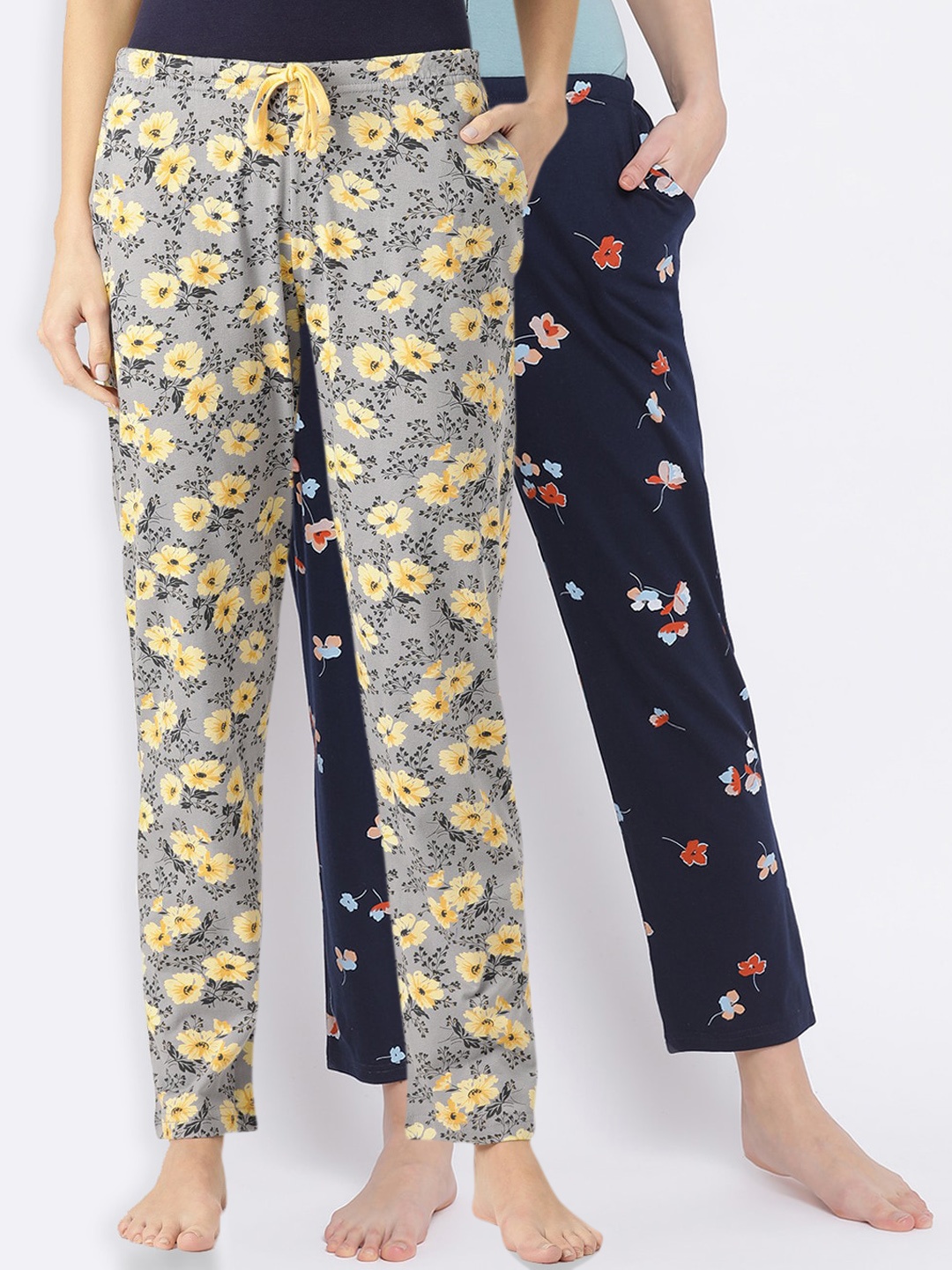 

Kanvin Women Pack of 2 Floral Print Pure Cotton Lounge Pants, Navy blue