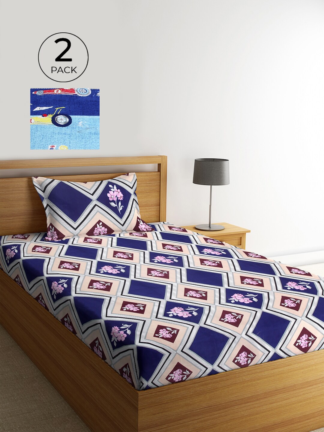 

KLOTTHE Blue & Pink Graphic 210 TC Polycotton 2 Single Bedsheet with 2 Pillow Covers