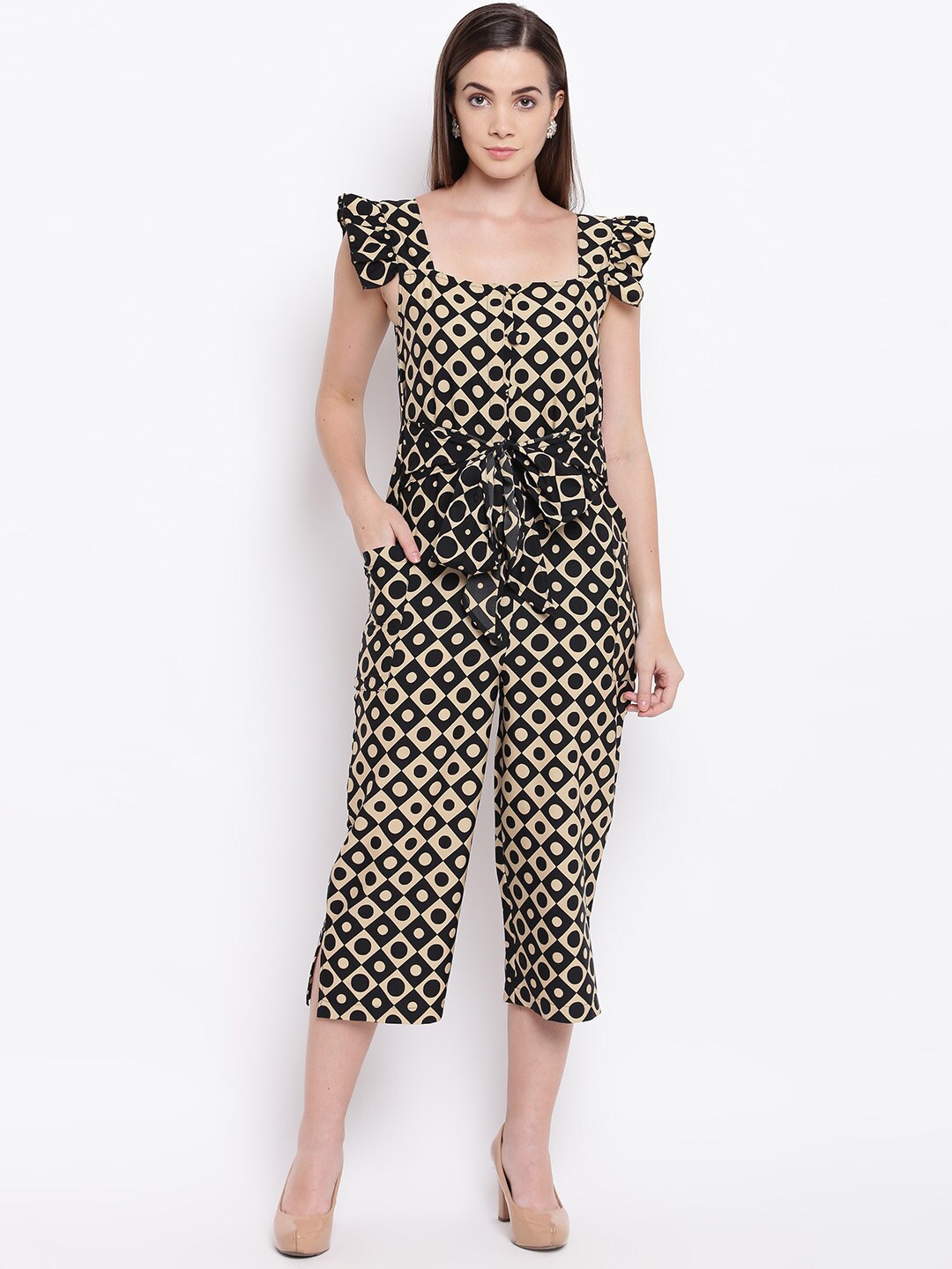 

Cottinfab Women Black & Beige Printed Capri Jumpsuit