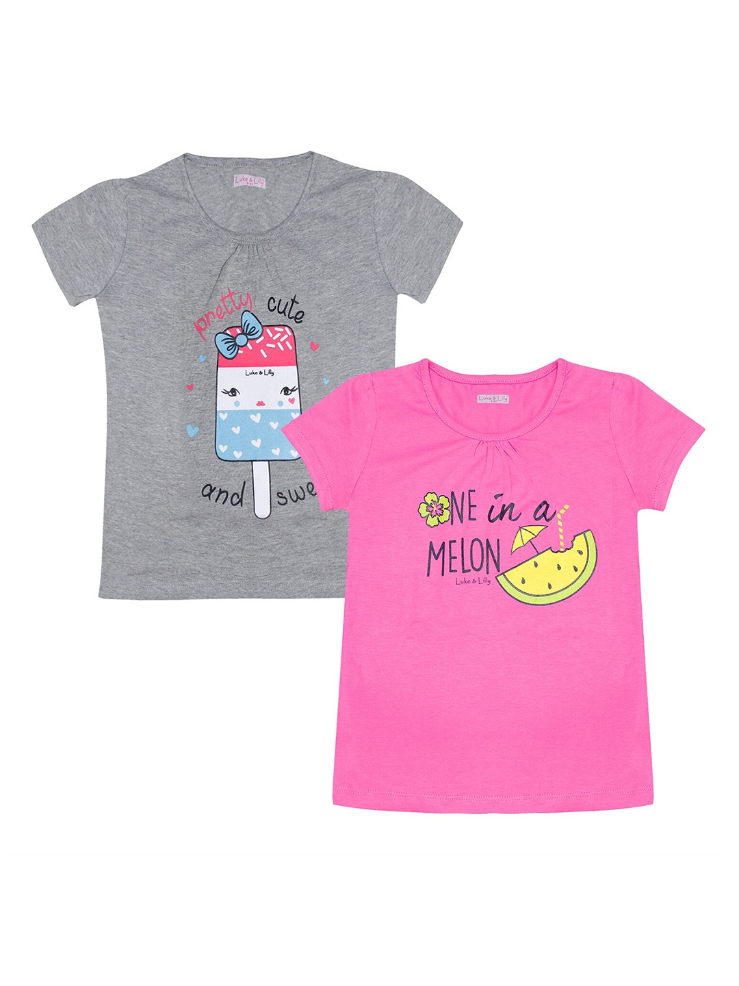 Luke & Lilly Girls Pack of 2 Printed T-shirts, Grey melange