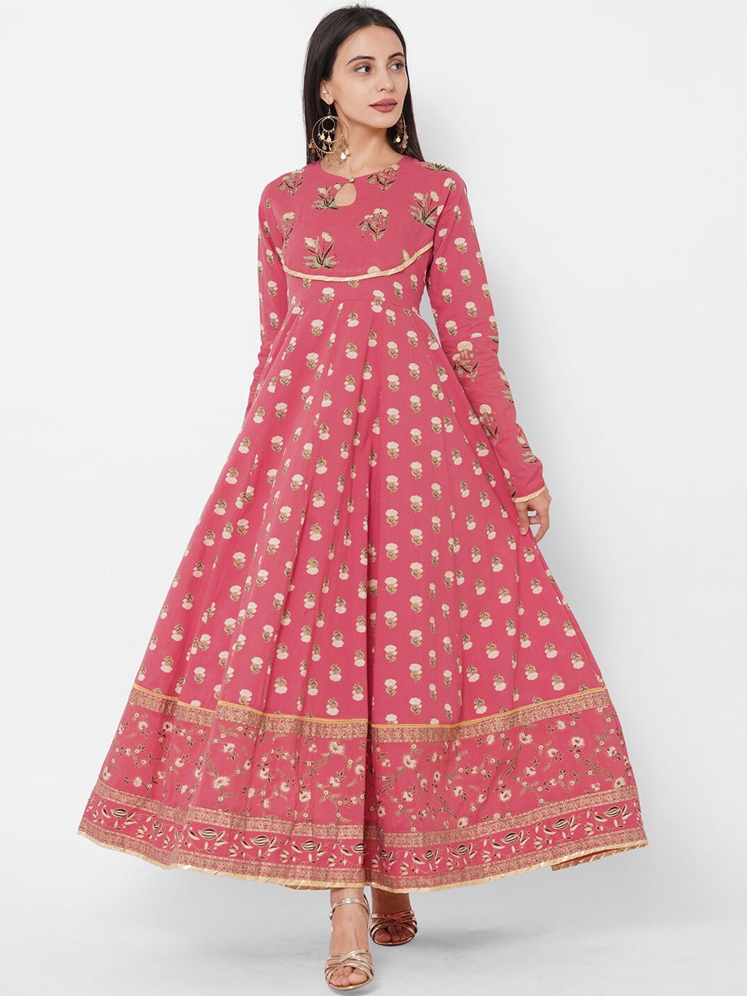 

FASHOR Women Pink Ethnic Motifs Keyhole Neck Maxi Dress