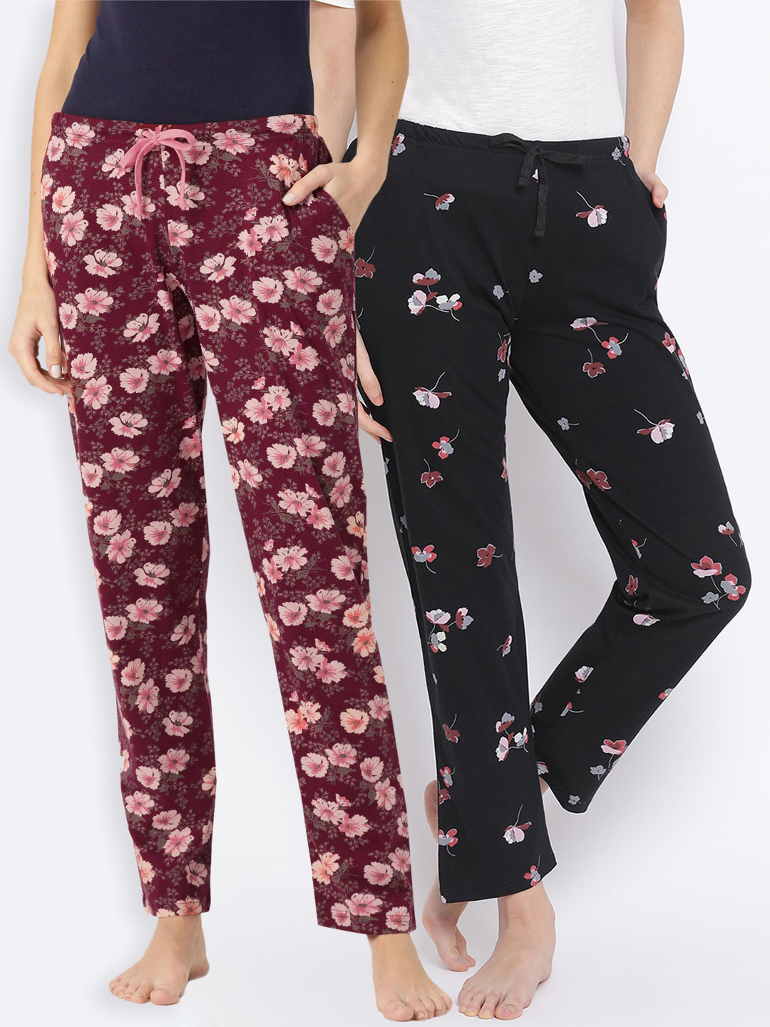 

Kanvin Women Pack of 2 Floral Print Pure Cotton Lounge Pants, Black