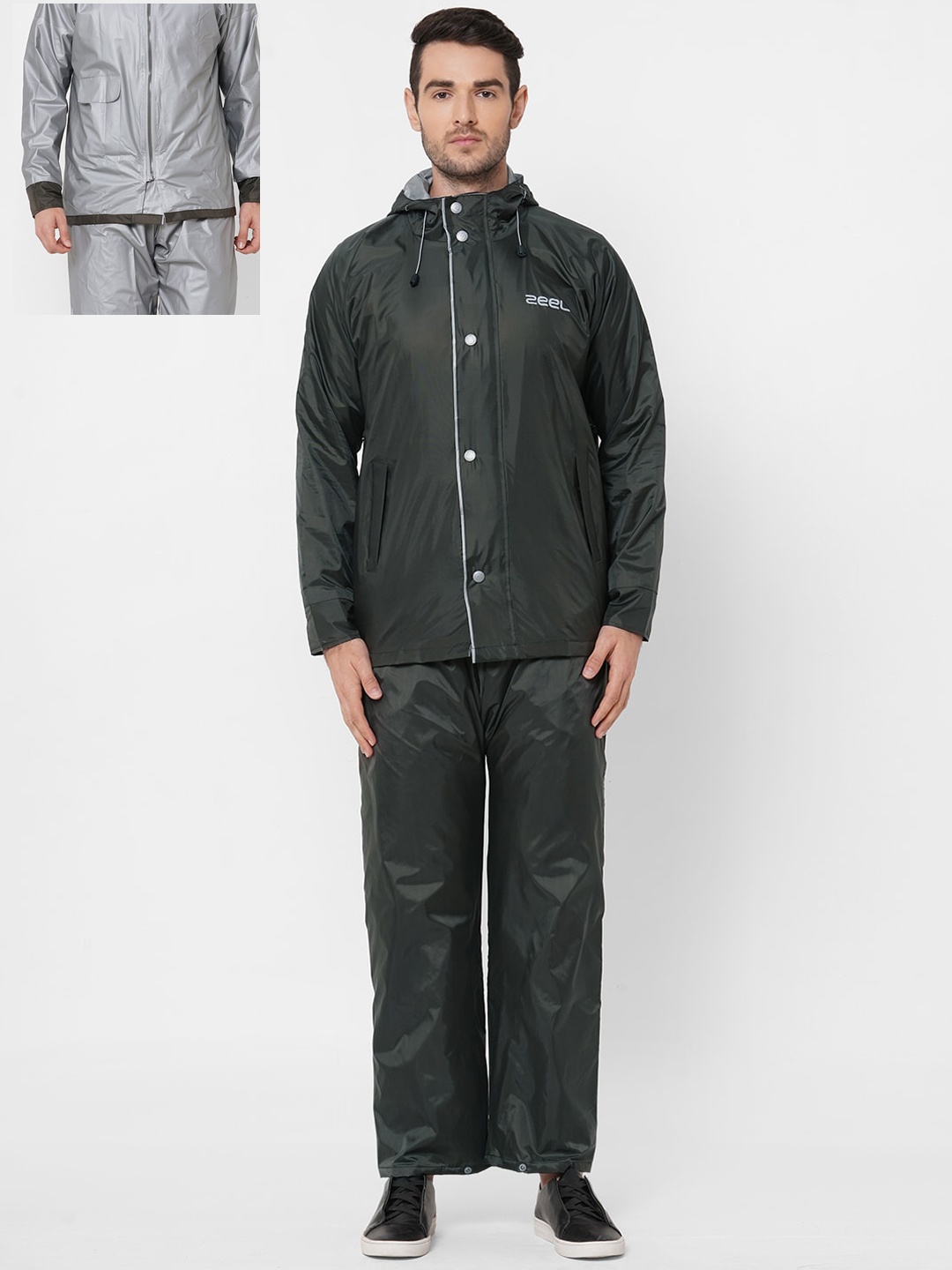 

Zeel Men Grey & Green Solid Reversible Hooded Rain Suit