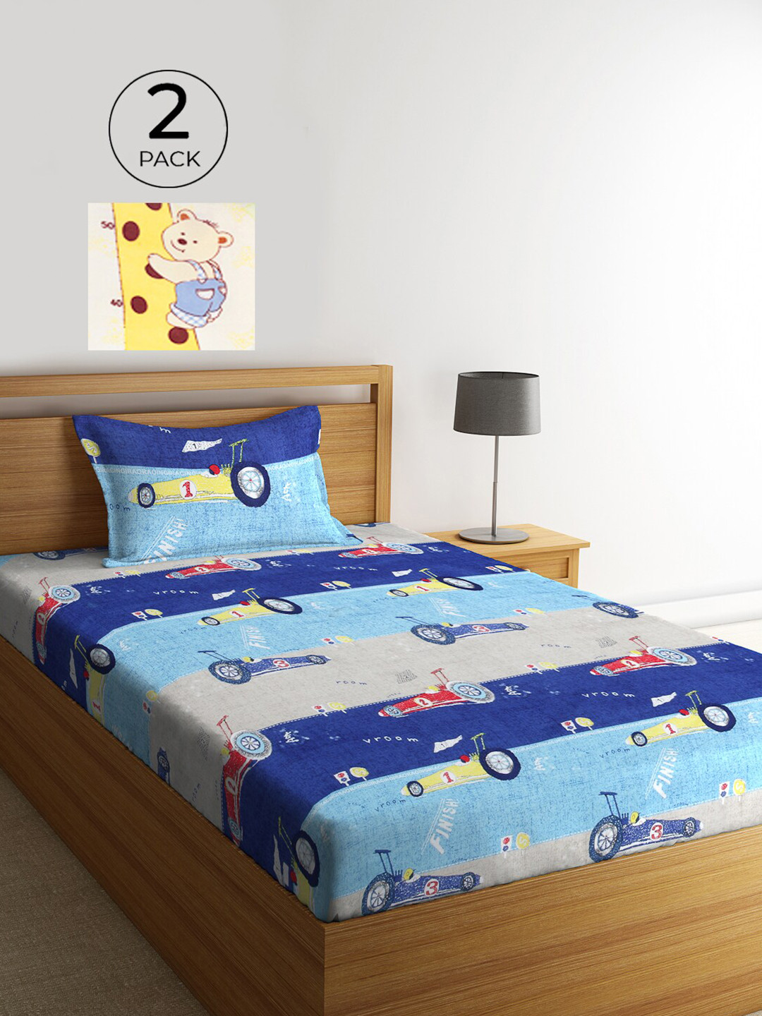 

KLOTTHE Grey & Blue 210 TC Polycotton 2 Single Bedsheet with 2 Pillow Covers