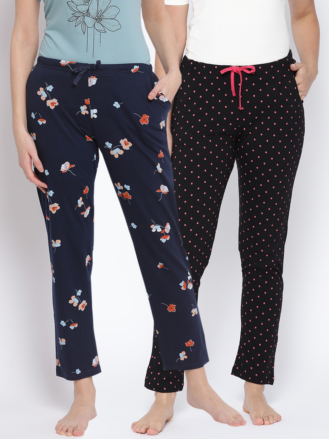 

Kanvin Women Pack of 2 Printed Pure Cotton Lounge Pants, Navy blue