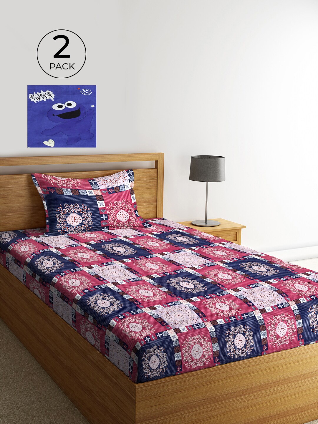

KLOTTHE Multi Geometric Cotton 2 Single Bedsheet with 2 Pillow Covers, Blue