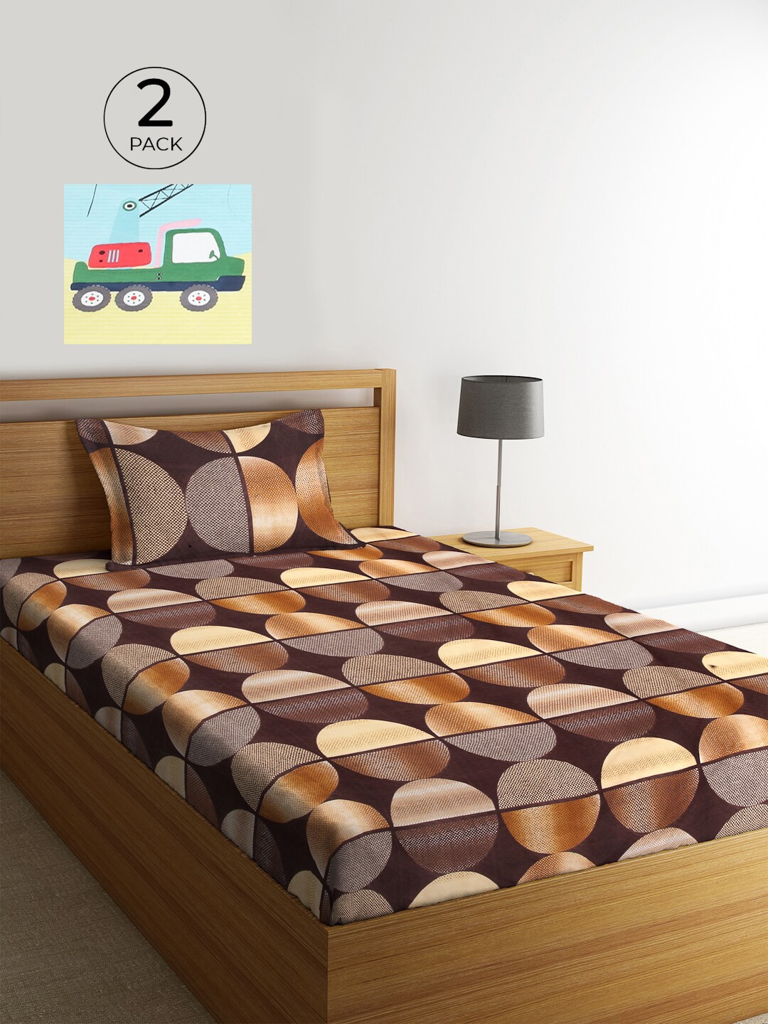 

KLOTTHE Brown & Gold-Toned Geometric 210 TC Polycotton 2 Single Bedsheet with 2 Pillow Covers