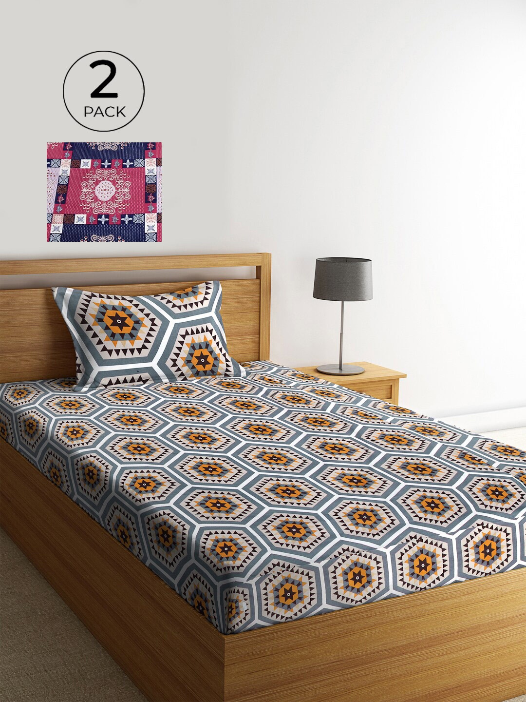 

KLOTTHE Grey & Blue Geometric 210 TC Polycotton 2 Single Bedsheet with 2 Pillow Covers