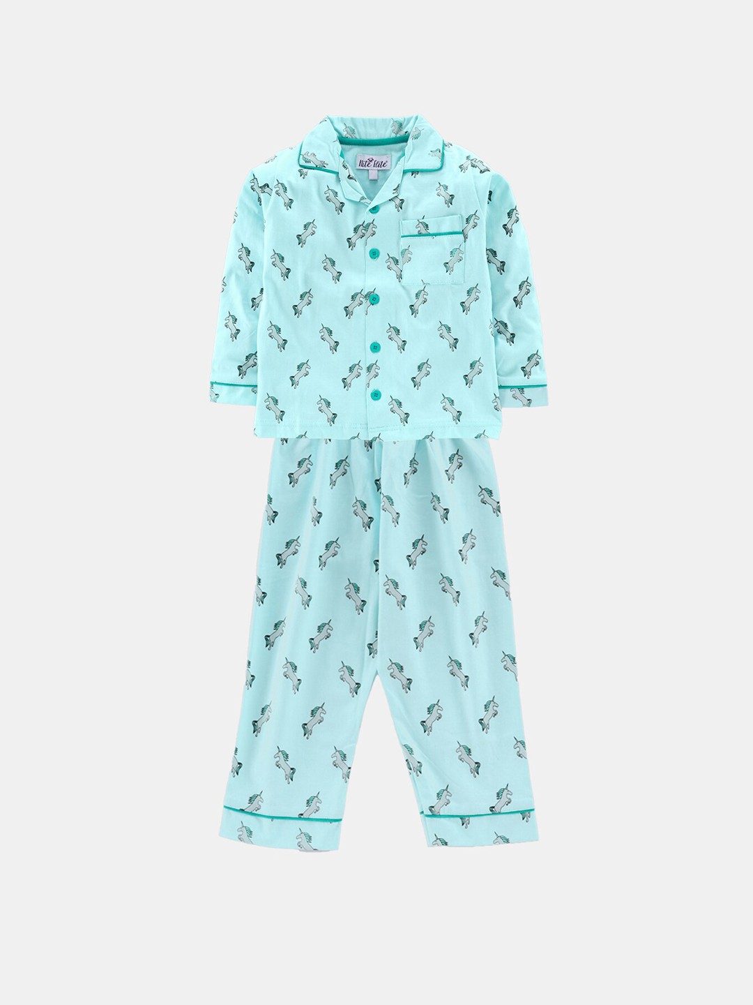 

Nite Flite Boys Turquoise Blue Printed Cotton Night suit