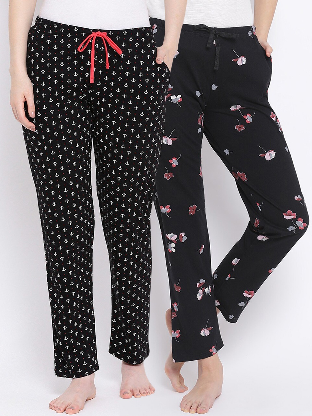 

Kanvin Women Pack of 2 Printed Pure Cotton Lounge Pants, Black