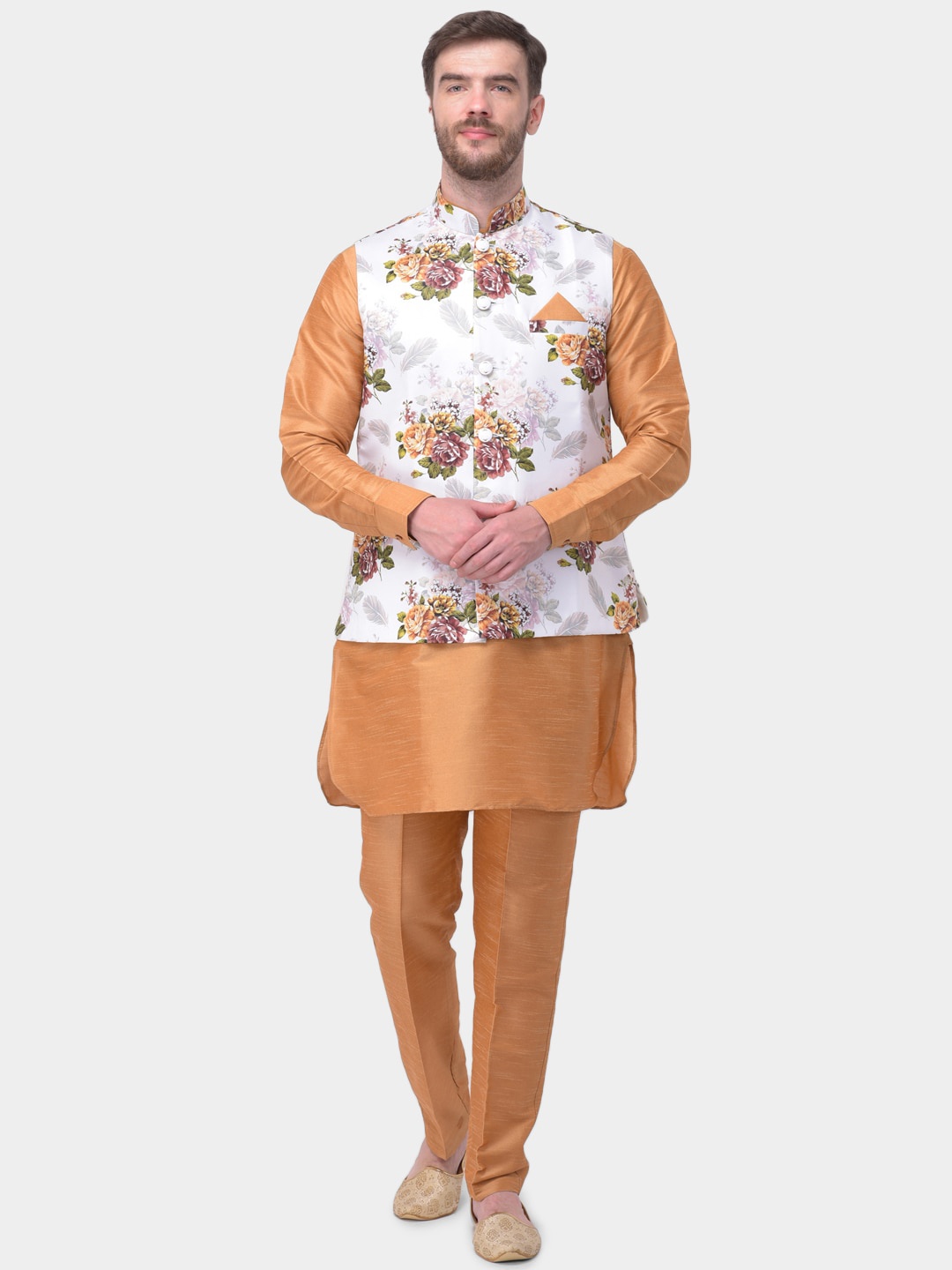 

SG LEMAN Men Mustard Yellow & White Regular Straight Raw Silk Kurta & Trousers