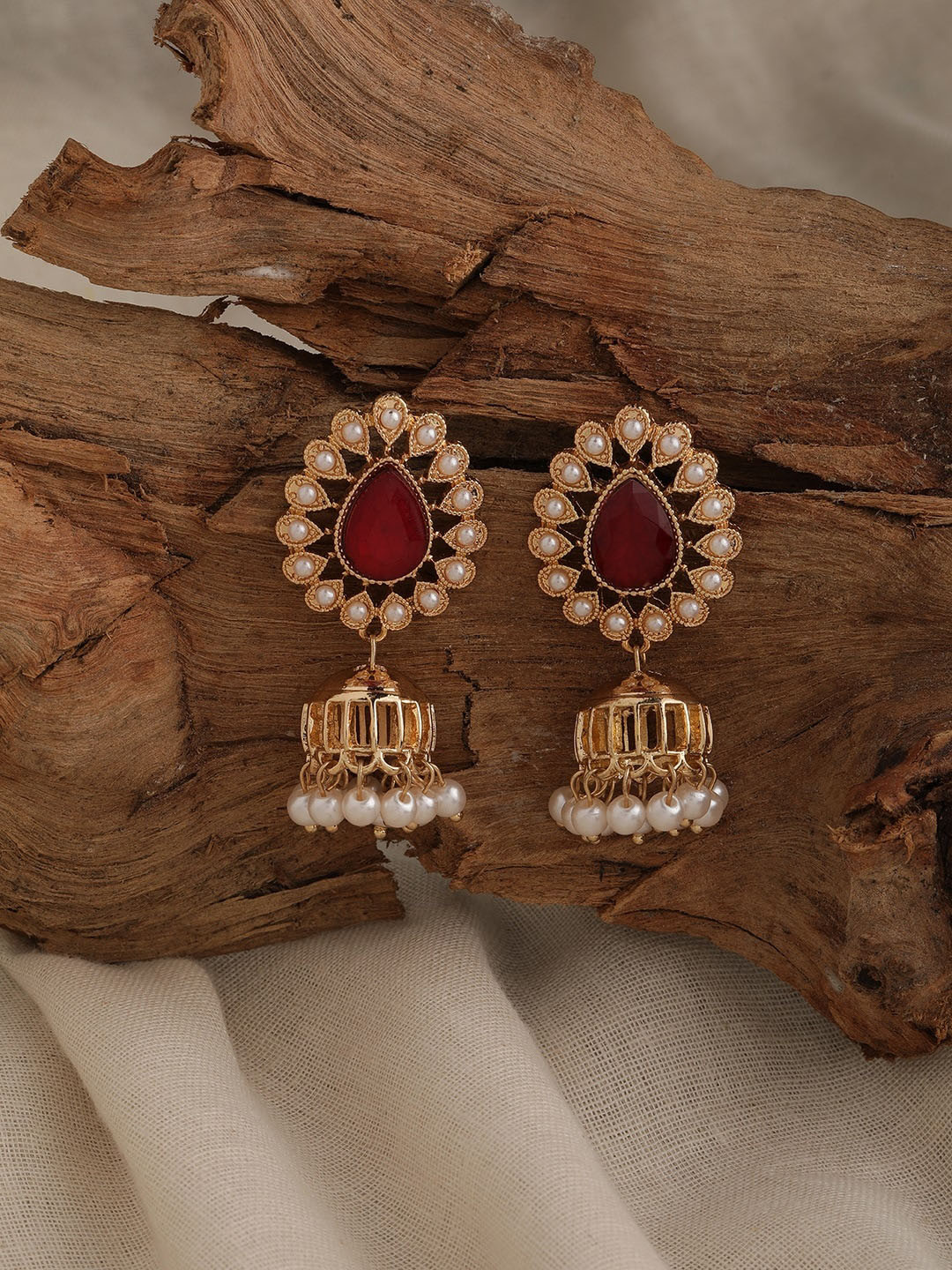 

Accessorize London Women Gold Red Ethnic Short Drop Jhumkas Earring