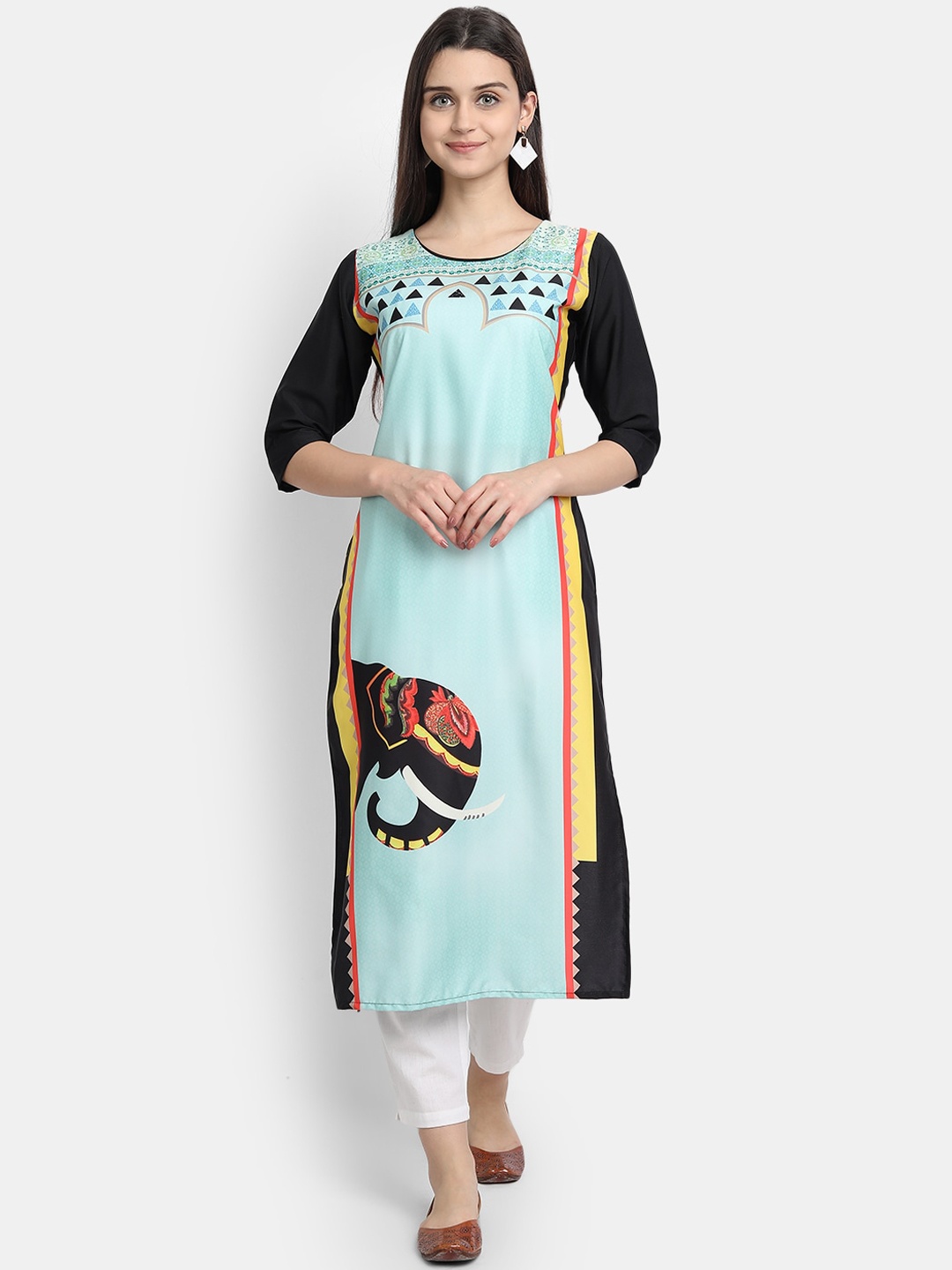 

Ethnic basket Women Turquoise Blue Printed Crepe Kurta