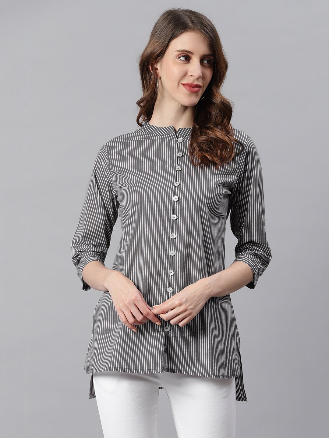 

Janasya Grey & White Mandarin Collar Striped Tunic