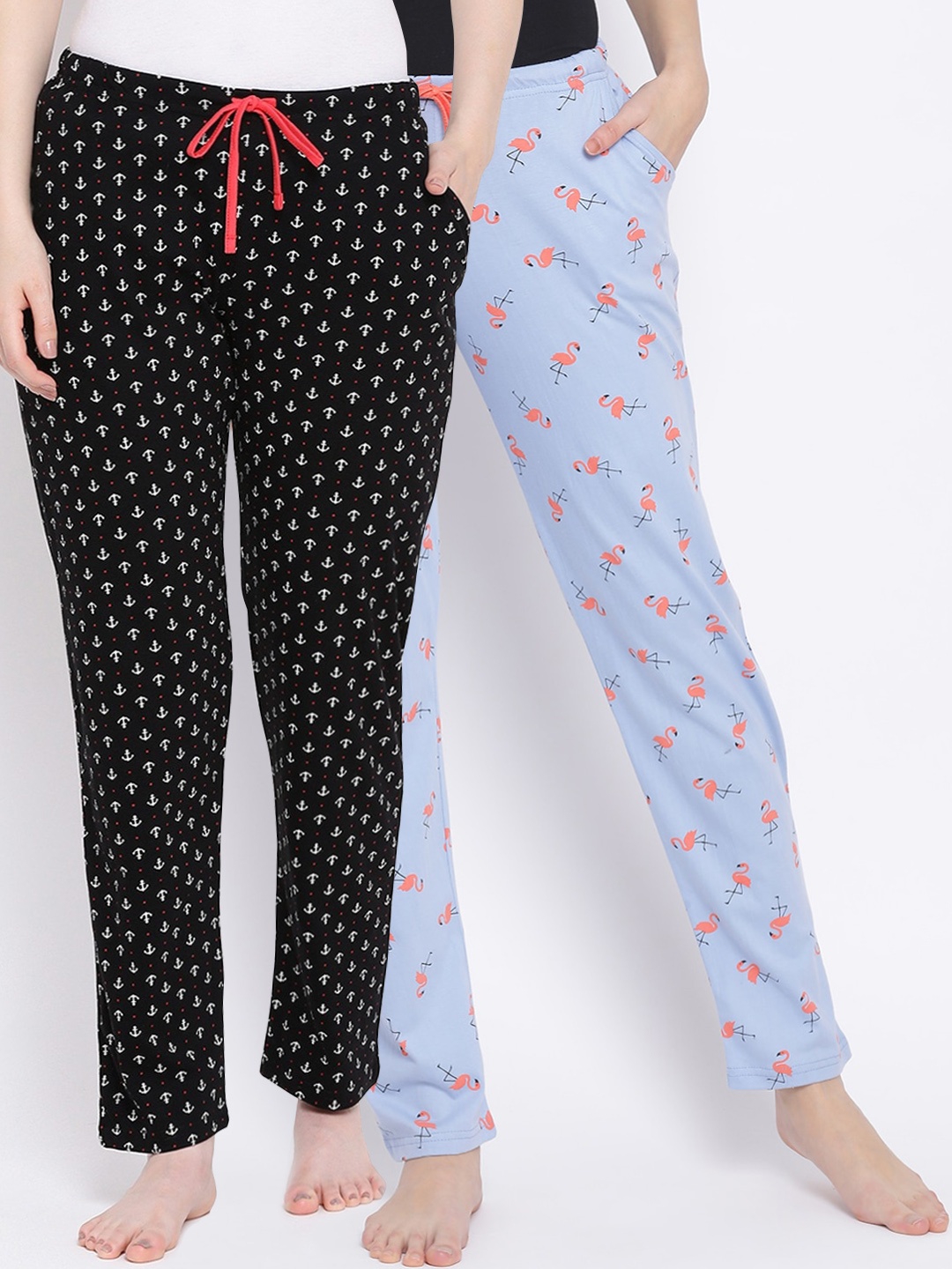

Kanvin Women Pack Of 2 Printed Pure Cotton Lounge Pants, Blue