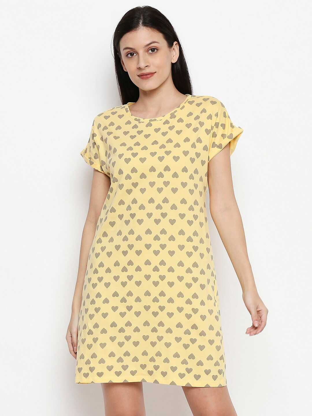 

People Yellow & Grey Printed Cotton Nightdress