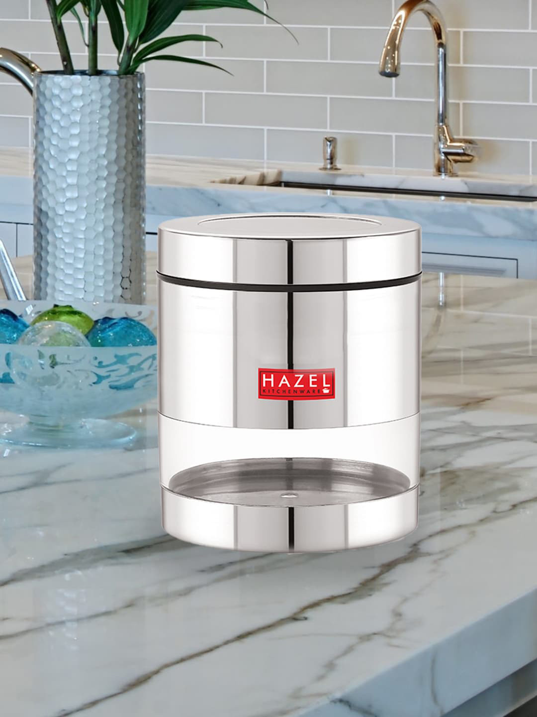 

HAZEL Silver-Toned & Transparent Stainless Steel See Through Glossy Finish Storage Jar