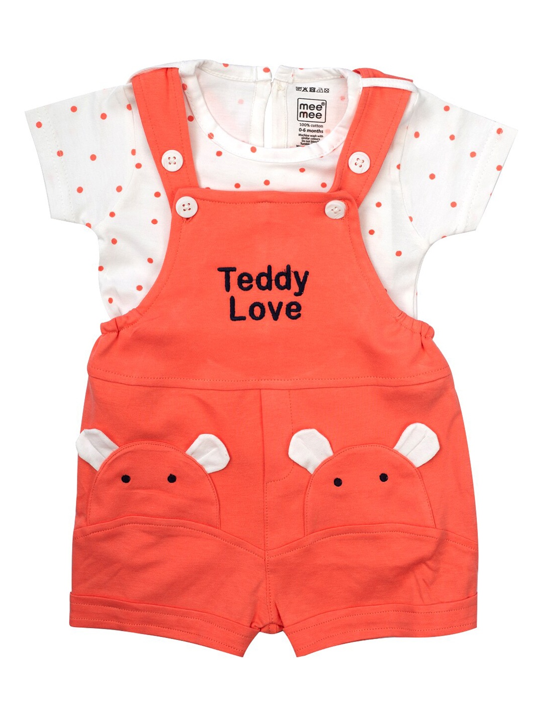 

MeeMee Girls Peach-Coloured & White Printed T-shirt with Dungarees