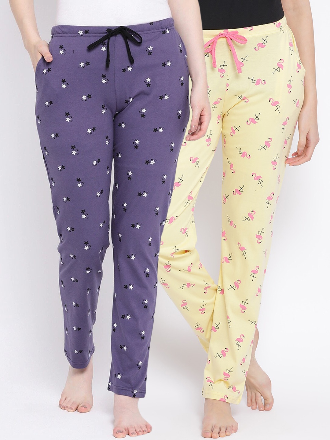 

Kanvin Women Pack of 2 Printed Pure Cotton Lounge Pants, Yellow