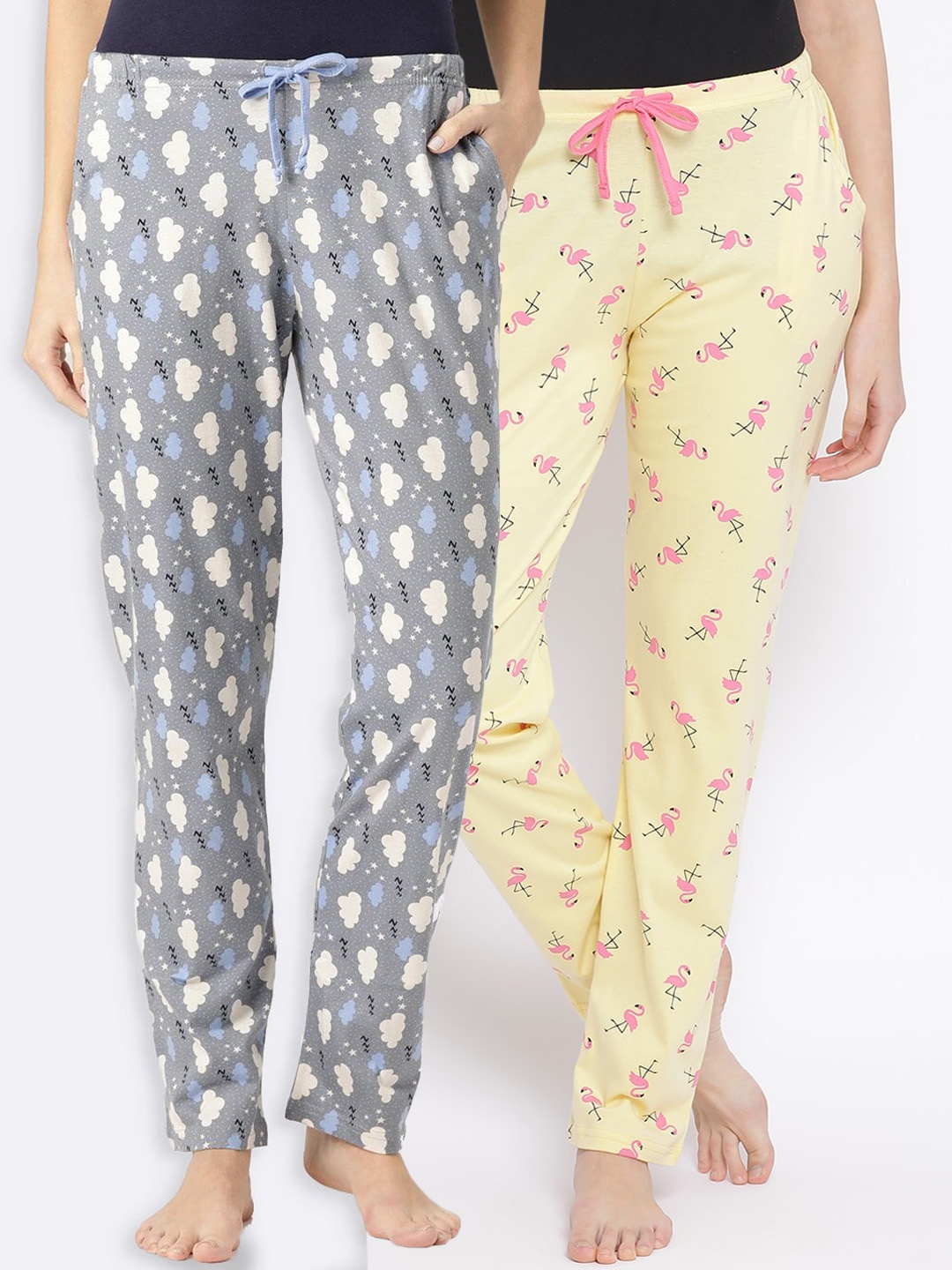 

Kanvin Women Pack of 2 Printed Pure Cotton Lounge Pants, Yellow