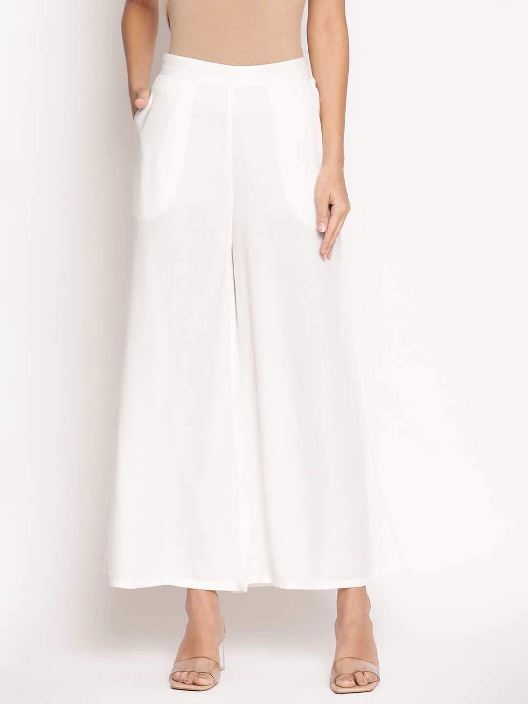 

Be Indi Women White Solid Wide Leg Palazzos