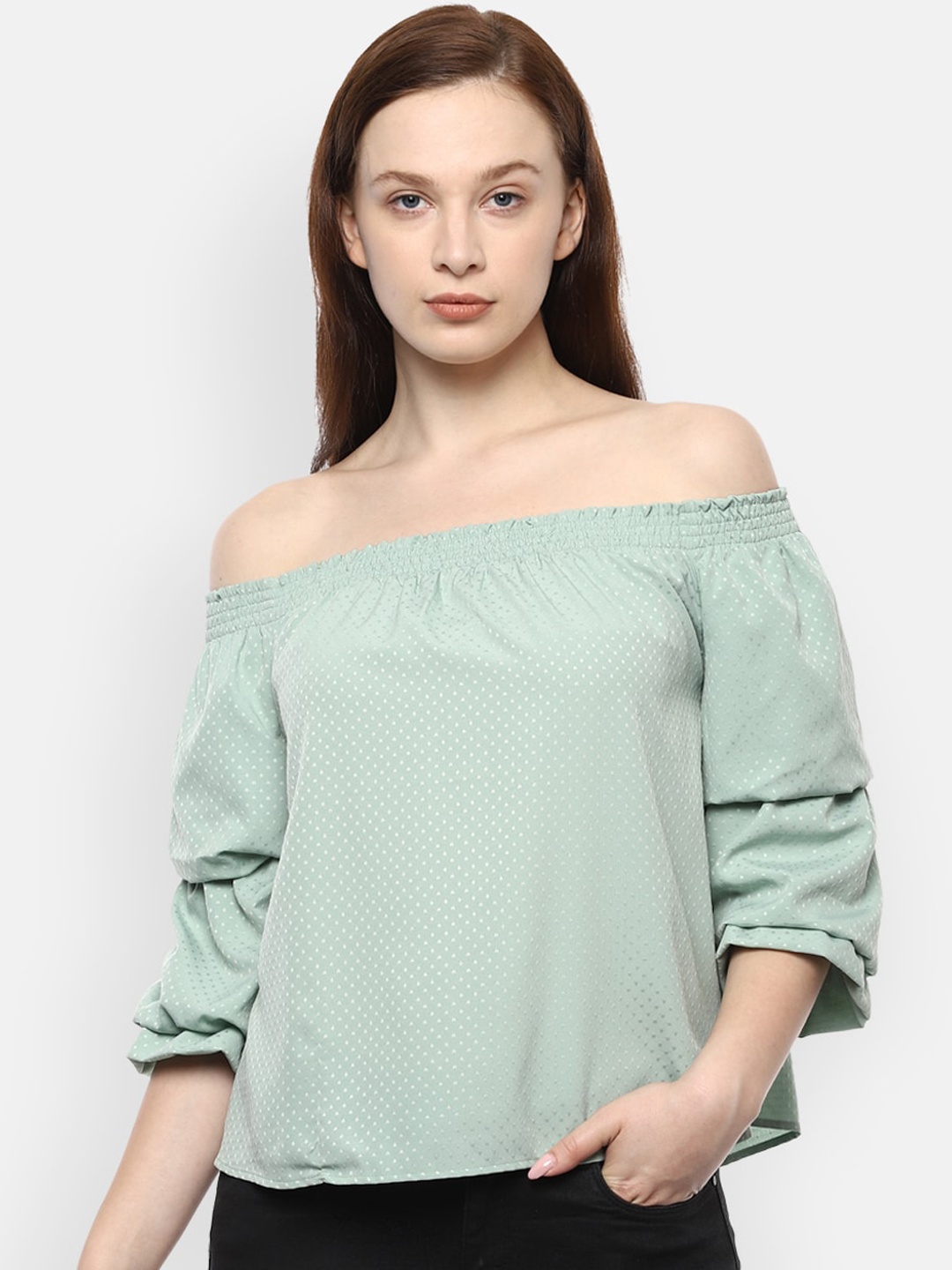 

Van Heusen Woman Green Geometric Off-Shoulder Bardot Top