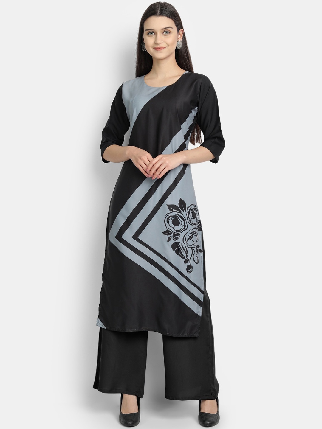 

Ethnic basket Women Black & Grey Floral Crepe Kurta