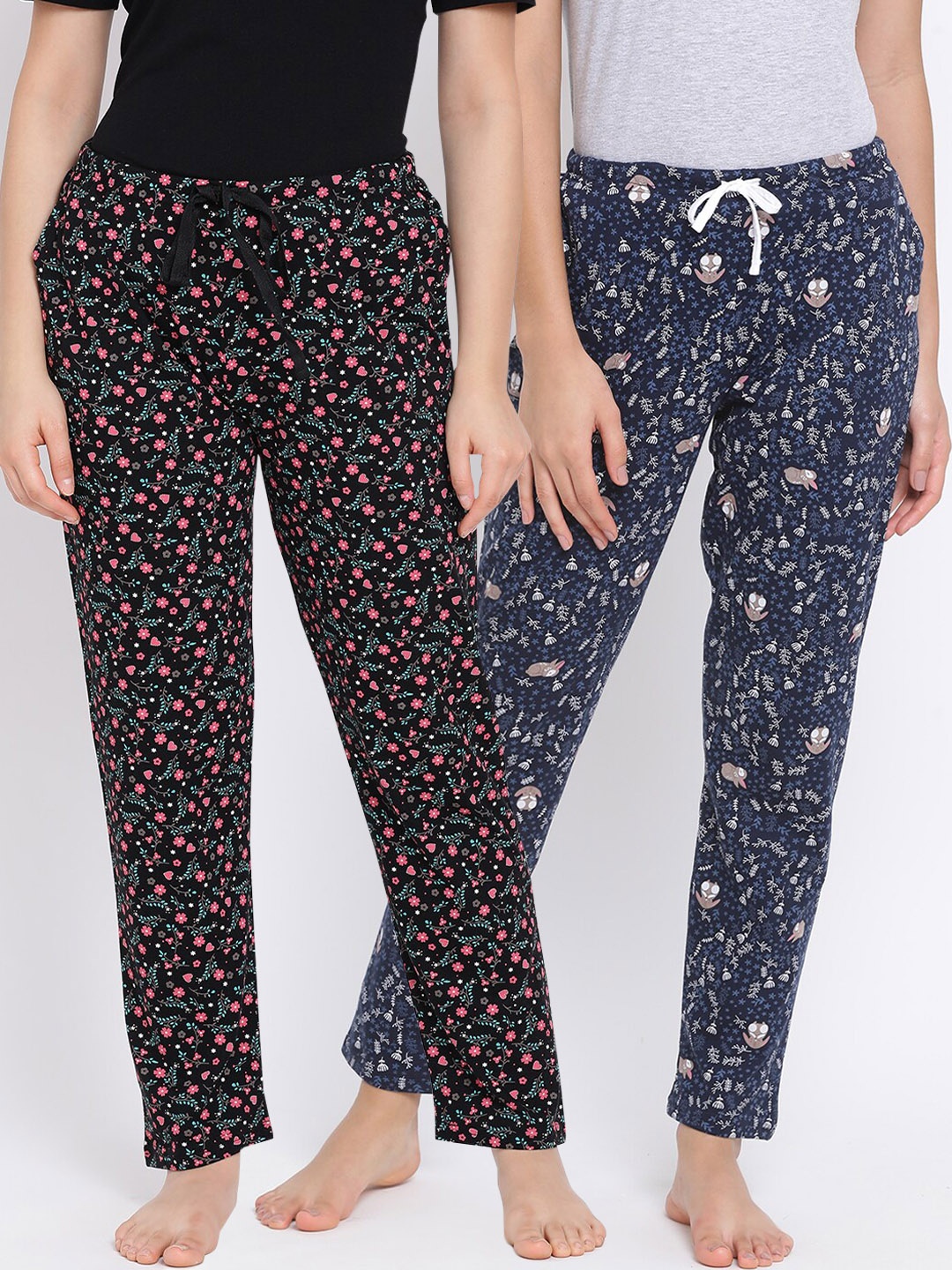 

Kanvin Women Pack of 2 Printed Pure Cotton Lounge Pants, Black