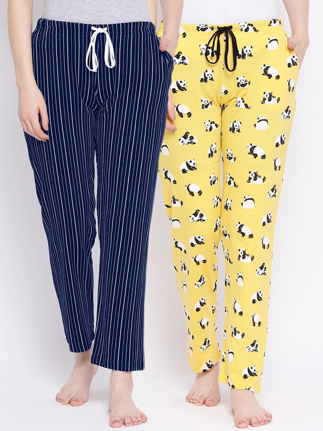 Kanvin Women Pack of 2 Printed Pure Cotton Lounge Pants, Navy blue