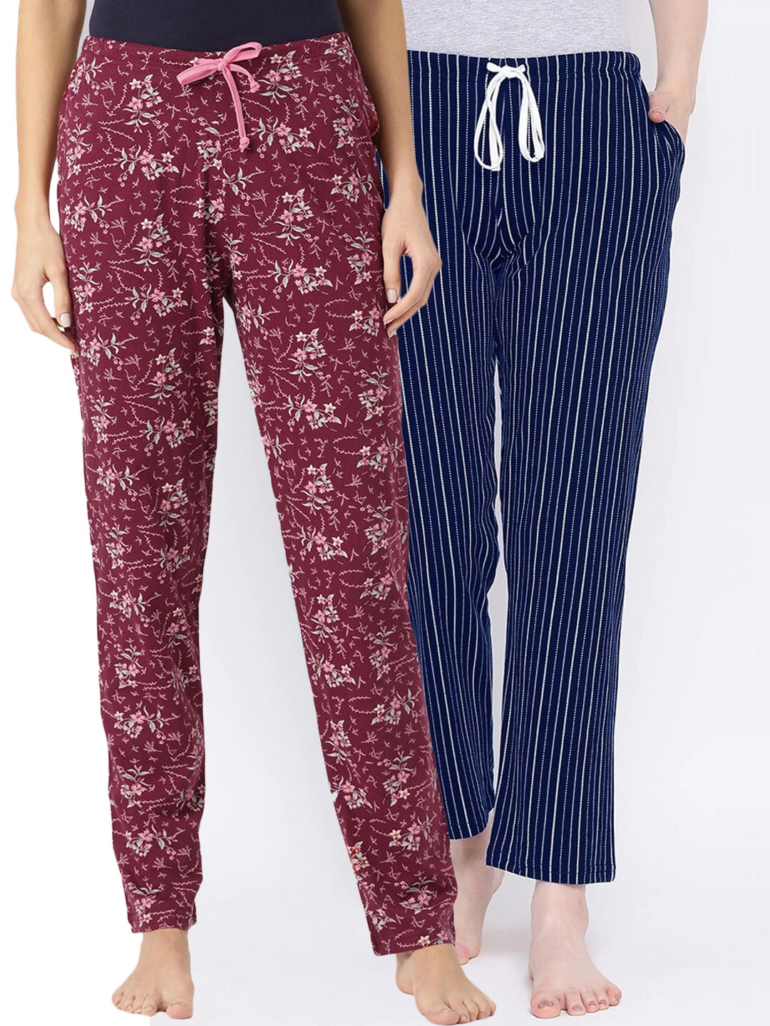 

Kanvin Women Pack of 2 Printed Pure Cotton Lounge Pants, Navy blue