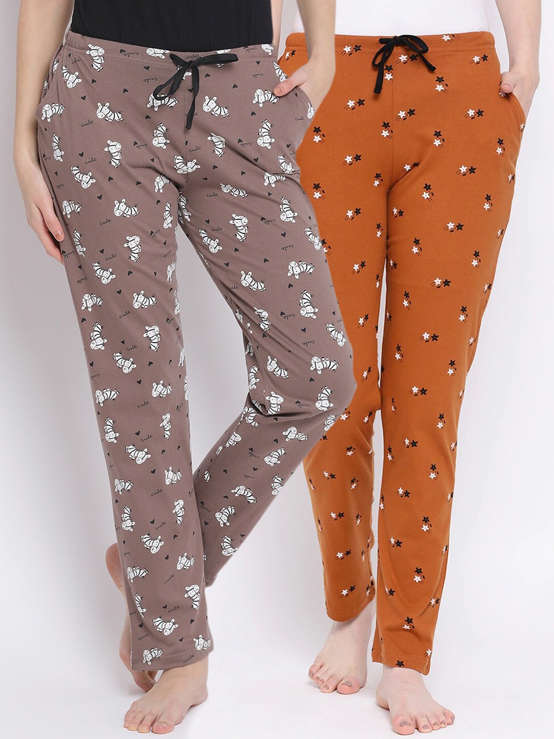 

Kanvin Women Pack Of 2 Printed Pure Cotton Lounge Pants, Brown