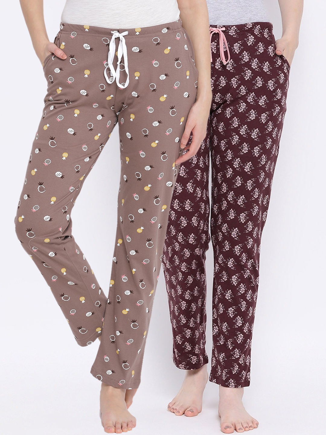 

Kanvin Women Pack of 2 Printed Pure Cotton Lounge Pants, Brown