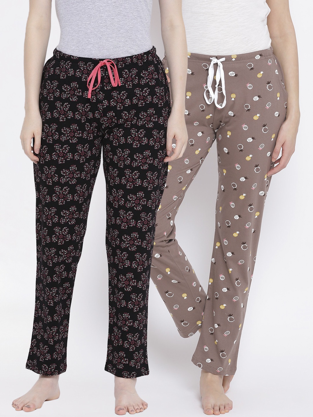 

Kanvin Women Pack Of 2 Printed Pure Cotton Lounge Pants, Brown