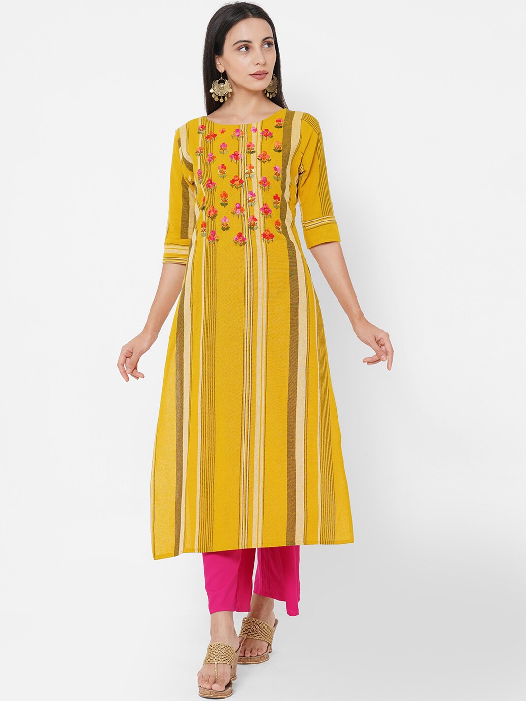 

FASHOR Women Mustard Yellow Floral Embroidered Kurta