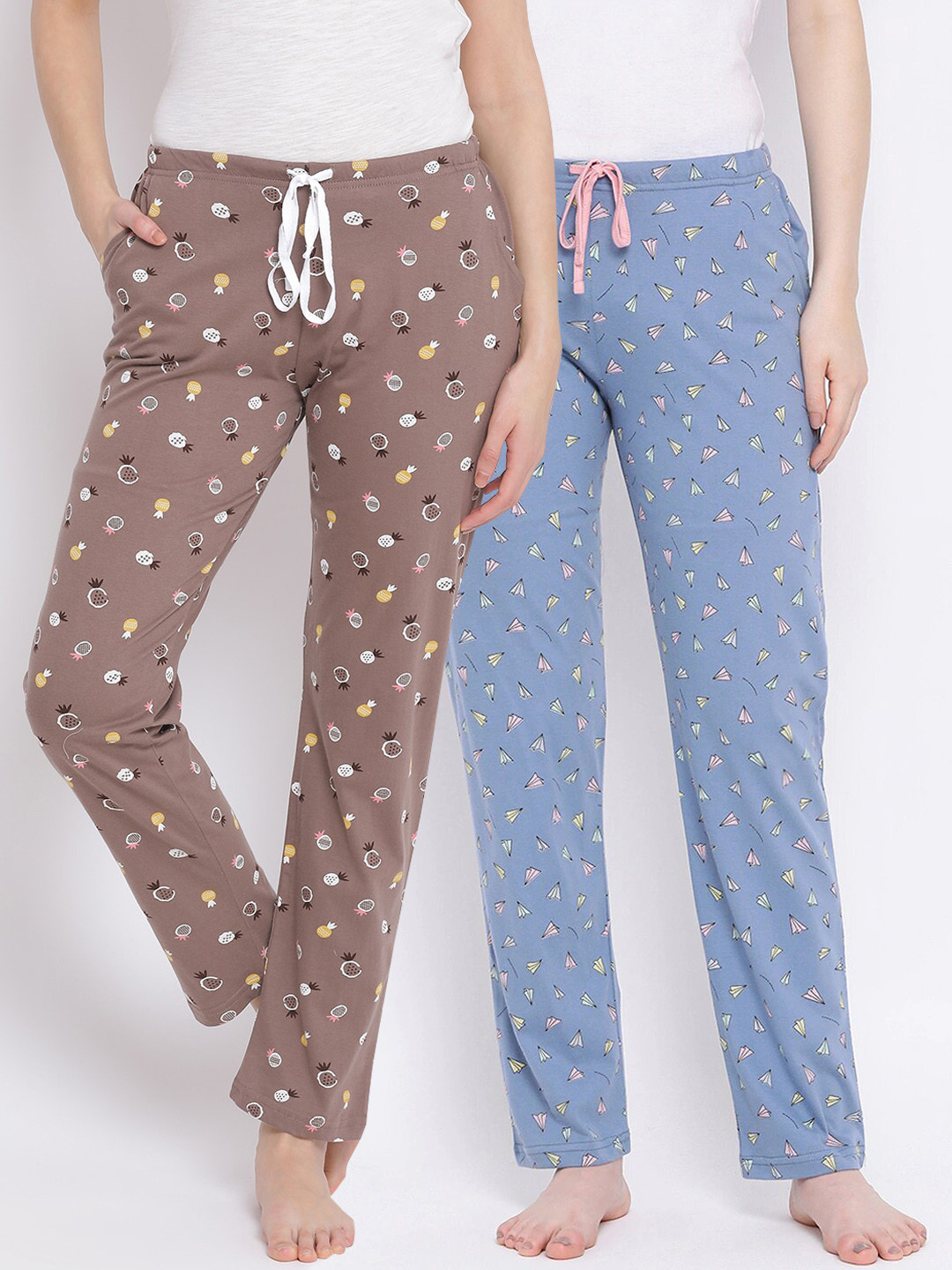

Kanvin Women Pack Of 2 Printed Pure Cotton Lounge Pants, Brown