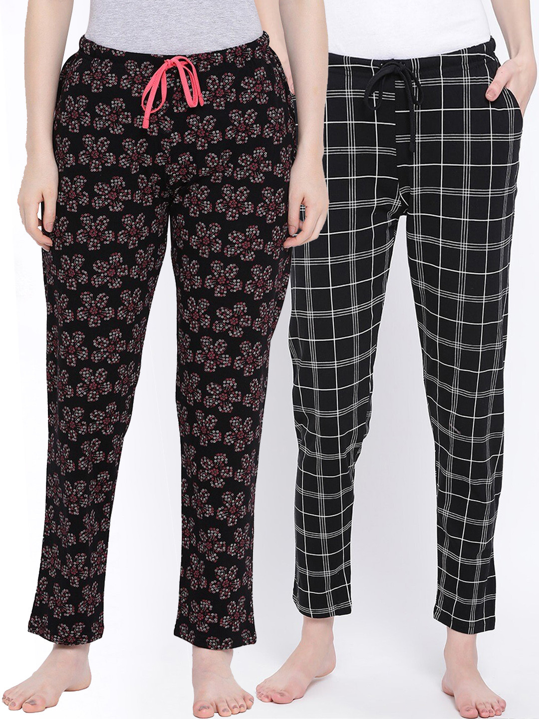 

Kanvin Women Pack Of 2 Printed Pure Cotton Lounge Pants, Black